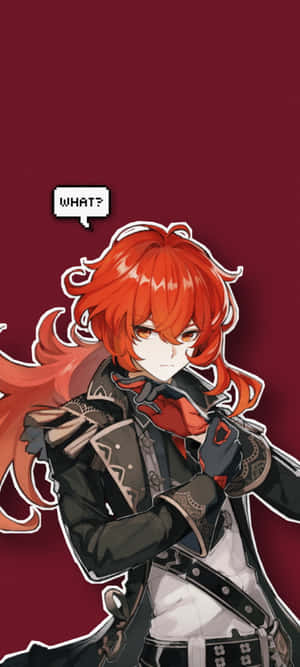 紅髮黑服的動漫角色看起來很驚訝，對話框裡寫著「什麼？」 — Pixel 11 壁紙