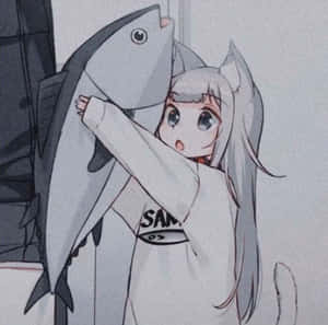 貓耳動漫女孩帶著驚訝的表情抱著一條大魚。 — 夢幻 GIF 壁紙