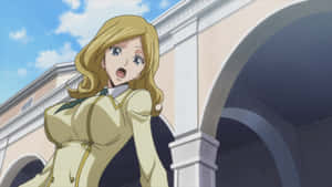金髮動漫女孩穿著米色制服，在陽光明媚的日子裡，在白色拱門下顯得驚訝。 — 美學米色 壁紙