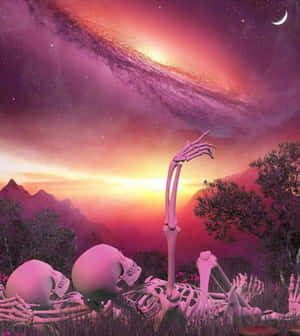 骷髏身影在新月下伸手觸及發光的星系。 — 榮耀Magic V 壁紙