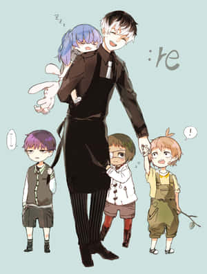 動漫男子背著一個睡著的女孩，同時與三個驚訝的孩子手牽手。 — 3:4 壁紙
