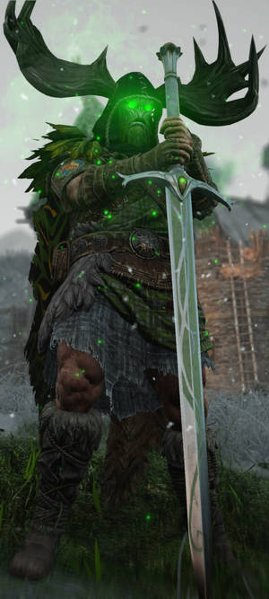 綠色皮膚的戰士，有鹿角，在雪地中握著發光的劍。 — POCO C71 壁紙