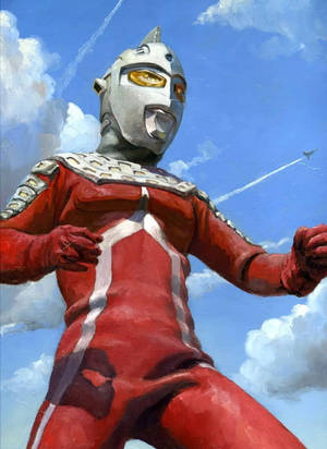 身穿紅色和銀色套裝的超人力霸王（Ultraman）英勇地站在藍天和白雲前。 — 漫畫 壁紙