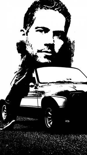 一個穿著皮夾克的男人以大膽的黑白圖形風格靠在一輛經典車上。 — iPhone 11 Pro 壁紙
