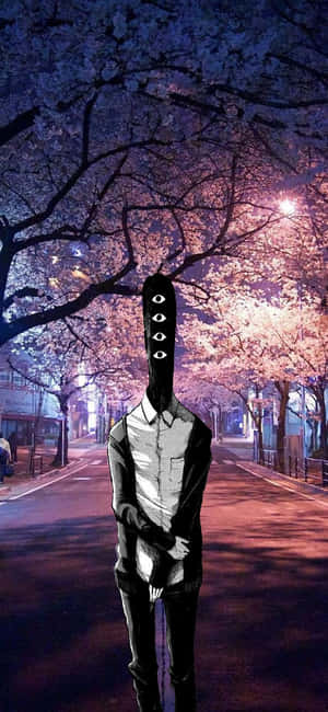 一個神秘的多眼動漫人物，夜晚站在櫻花樹下。 — Galaxy A08 壁紙