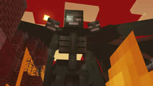 一個像素化終界使者在黃昏時分籠罩著燃燒的Minecraft場景。 — 我的世界苦力怕 壁紙