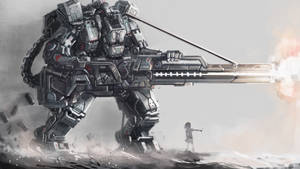 一個巨大的機器人發射大砲，一個小孩站在附近的塵土場景中。 — 機器人 壁紙