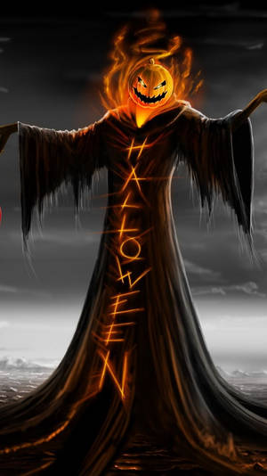 一個發光的南瓜燈頭鬼，長袍上寫著「HALLOWEEN」。 — 萬聖節 iPhone 壁紙
