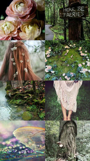 一個異想天開的森林場景，有花朵、苔蘚、標誌和一個穿著飄逸連衣裙的人。 — 仙女美學 壁紙