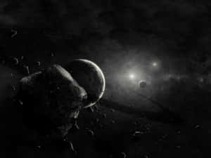一個黑暗的太空場景，小行星和行星被遠處的星星照亮。 — 黑色星球 壁紙