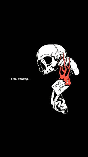 一個頭骨手持燃燒的便條，上面寫著 thanks you，並帶有文字 I feel nothing — 骷髏迷因 壁紙