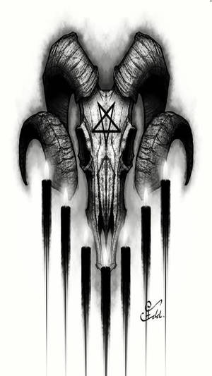公羊頭骨帶有五角星和蠟燭的黑白插圖。
