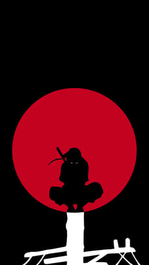 黑色武士剪影坐在白色基座上，背景為紅色圓形。 — 火影忍者 卡卡西 壁紙