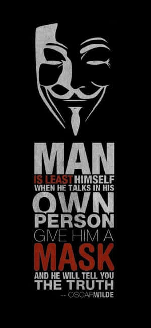 白色 Guy Fawkes 面具，帶有 Oscar Wilde 關於真相與面具的語錄，置於黑色背景上。 — iPhone 15 Pro Max 壁紙