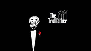 一個穿著燕尾服的卡通巨魔手持紅玫瑰，旁邊有文字 The Trollfather。 — 搞笑迷因 壁紙