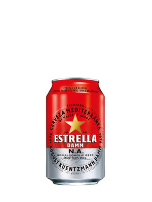 帶有金色星星標誌的紅色和銀色 Estrella Damm 無酒精啤酒罐。 — 啤酒 壁紙