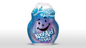 一個藍色的Kool-Aid Magic Tears飲料瓶，帶有微笑的臉孔和冰涼飛濺設計。 — Kool Aid 小幫手 壁紙