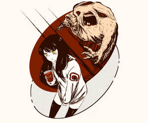 女孩拿著罐頭面對漫畫風格的怪物 — 八重神子 壁紙