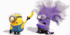 兩個Minion，一個黃色拿香蕉，另一個紫色頭髮亂糟糟的憤怒 — 邪惡小小兵 壁紙