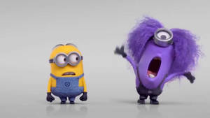 兩個Minion，一個黃色一個紫色，正在尖叫並看起來很震驚。 — 邪惡小小兵 壁紙