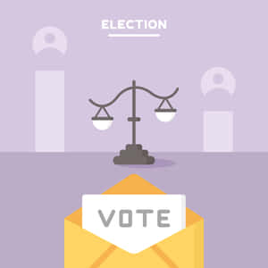 一個標有投票的黃色信封，放在正義天秤和選民圖標前。 — 選舉 壁紙