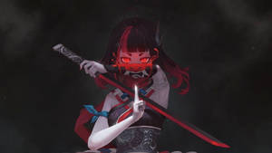 動漫女孩，紅色發光的眼睛和惡魔面具，在黑暗煙霧中握著武士刀。
