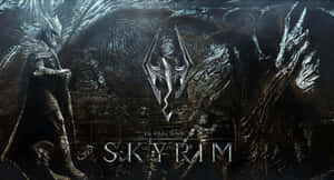 一名黑暗奇幻戰士站在一條龍前，Skyrim標誌閃耀發光。 — 上古卷軸V：無界天際 壁紙
