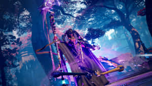 奇幻戰士在暮色森林中揮舞發光武器。 — 電玩遊戲 GIF 壁紙