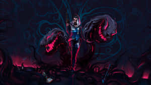 一個戰士在黑暗奇幻場景中面對兩個惡魔頭顱。 — 電玩遊戲 GIF 壁紙