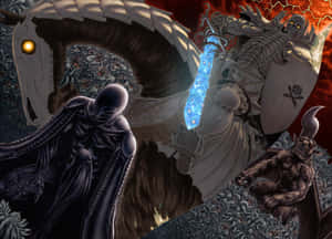 奇幻戰士在熾熱的地獄般景觀中與惡魔般的生物戰鬥。 — 烙印勇士 壁紙