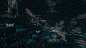 黑暗的Minecraft洞穴，帶有發光的藍色方塊和火把。 — 我的世界 壁紙