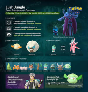 Pokémon GO 活動海報，展示 Fomantis 和 Lurantis 在茂密叢林中，並附有遊戲詳情。 — 卡通 壁紙