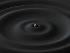 在黑暗的宇宙環境中，一顆帶有環和兩個衛星的綠色行星。 — 3D 壁紙