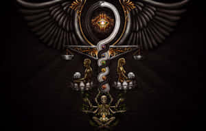 帶有翅膀和脈輪符號的安卡，兩側是冥想人物和頭骨。 — 天秤座 壁紙