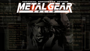 Metal Gear Solid 遊戲標誌，帶有戴面具士兵的剪影，背景為數位螢幕。 — 潛龍諜影 壁紙