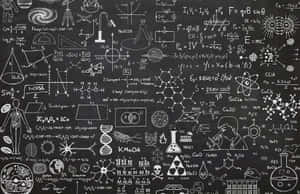 黑色黑板覆蓋著白色粉筆的科學方程式、圖表和符號。 — 黑板 壁紙