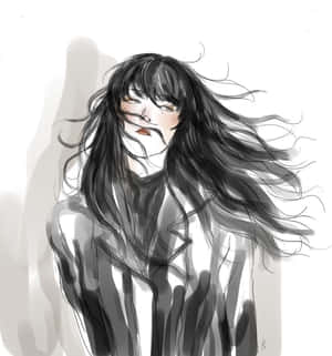 黑白素描風格中，長髮閉眼的動漫女孩。 — 榮耀Magic V 壁紙