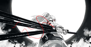 動漫武士戰士在圓形框架中手持劍，紅色能量旋轉。 — 簡約暗黑美學 壁紙