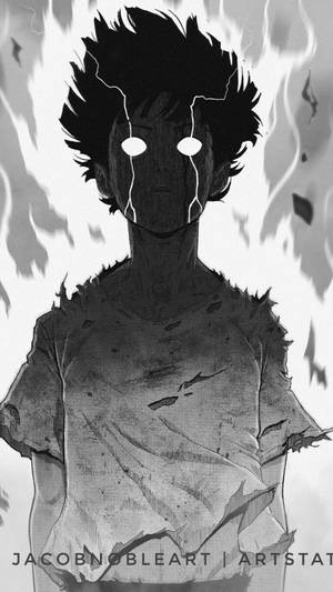 黑白動漫角色，眼睛發光，背景火焰。 — 路人超能100 GIF 壁紙