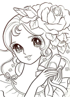 頭髮上有玫瑰的動漫女孩拿著一個瓶子 — 美麗的公主 壁紙