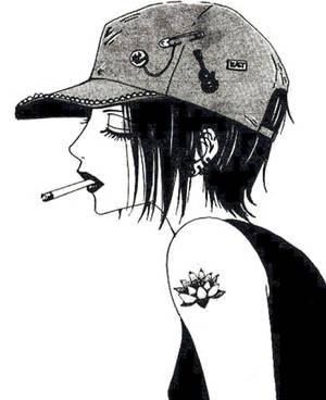 側面抽煙的動漫女孩，帶有蓮花刺青和裝飾帽子。