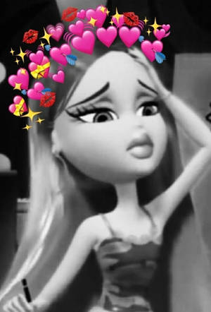 動漫娃娃露出驚訝表情，被粉紅色心形和嘴唇包圍。 — Bratz 美學 GIF 壁紙