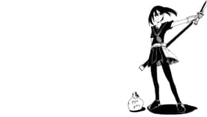 穿著校服的動畫女孩在袋旁拿著劍。 — 艾莉塔：戰鬥天使 壁紙