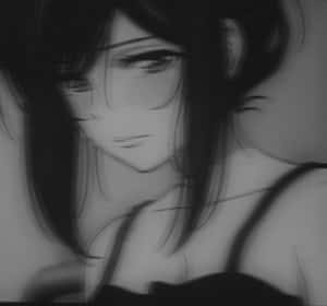 長髮動畫女孩在灰階肖像中向下看。 — 可愛動漫女孩 壁紙