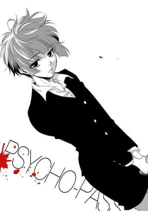 穿著黑色外套的動畫角色，帶有血跡和 Psycho-Pass 標題。 — 對馬戰鬼 壁紙