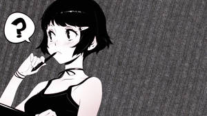 穿著黑色上衣的動畫女孩將筆放在唇邊，帶有問號對話氣泡。 — 可愛動漫女孩 壁紙