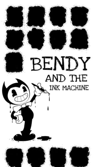 Bendy卡通角色手持一支滴墨的筆，周圍是墨漬和遊戲標題文字。