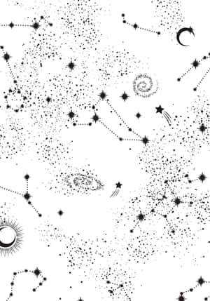 黑白宇宙插圖，包含星星、星座、星系和彎月。 — iPad Air 壁紙