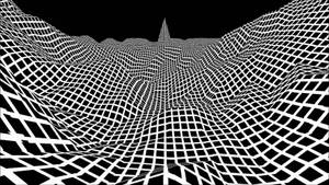 黑白抽象數位景觀，帶有起伏的網格線，創造出3D錯覺。 — 簡約暗黑美學 壁紙
