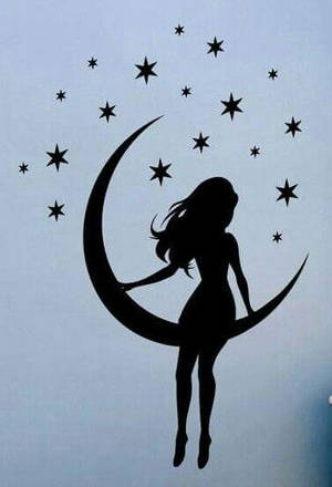 一位女士站在新月上的剪影，周圍有星星。 — 星星 壁紙